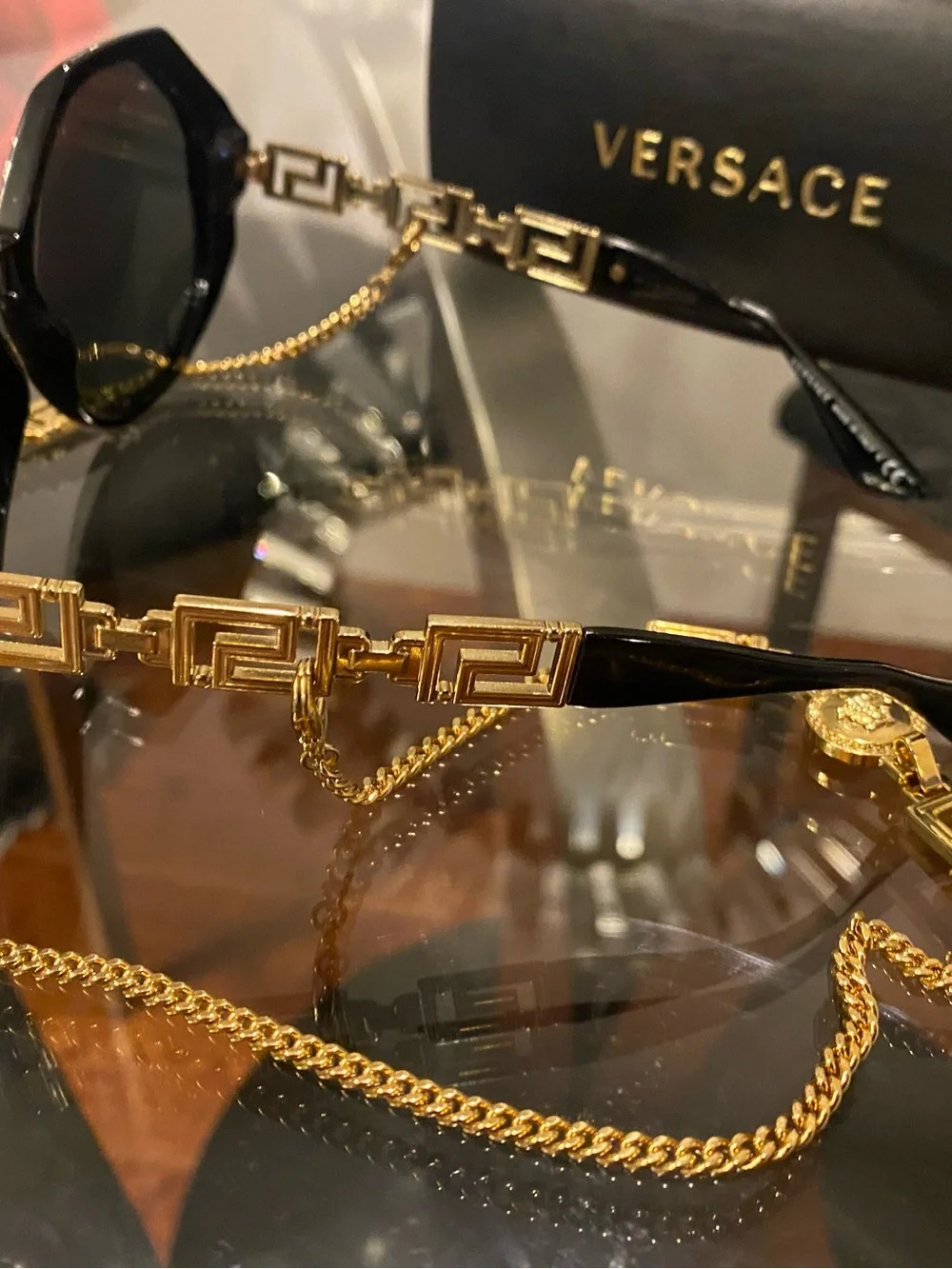 Versace Black Octagonal Sunglasses with Gold Chain Strap